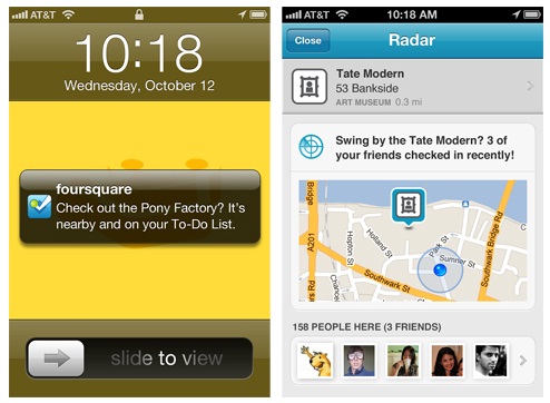 FourSqaure Radar Notifying A Place On Your To-Do List, or Venue Where Some Friends Checked-In
